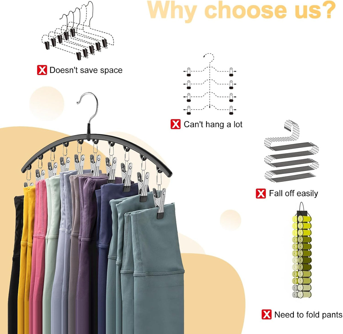 Volnamal Ten-Clip Pants Hangers, Black, 2-Pack