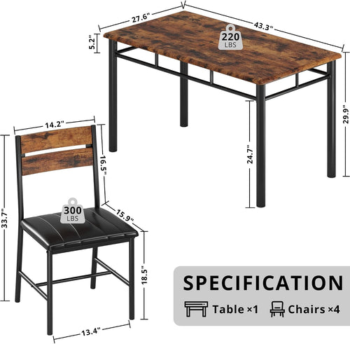 IRONCK Five-Piece Dining Set with Four Chairs, Rustic Brown