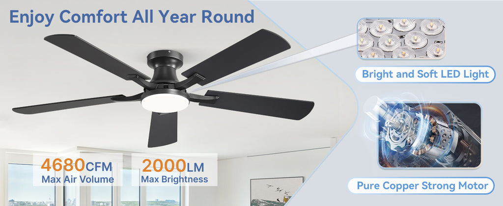 ZMISHIBO 52-Inch Flush-Mount Ceiling Fan with LED Light, Black