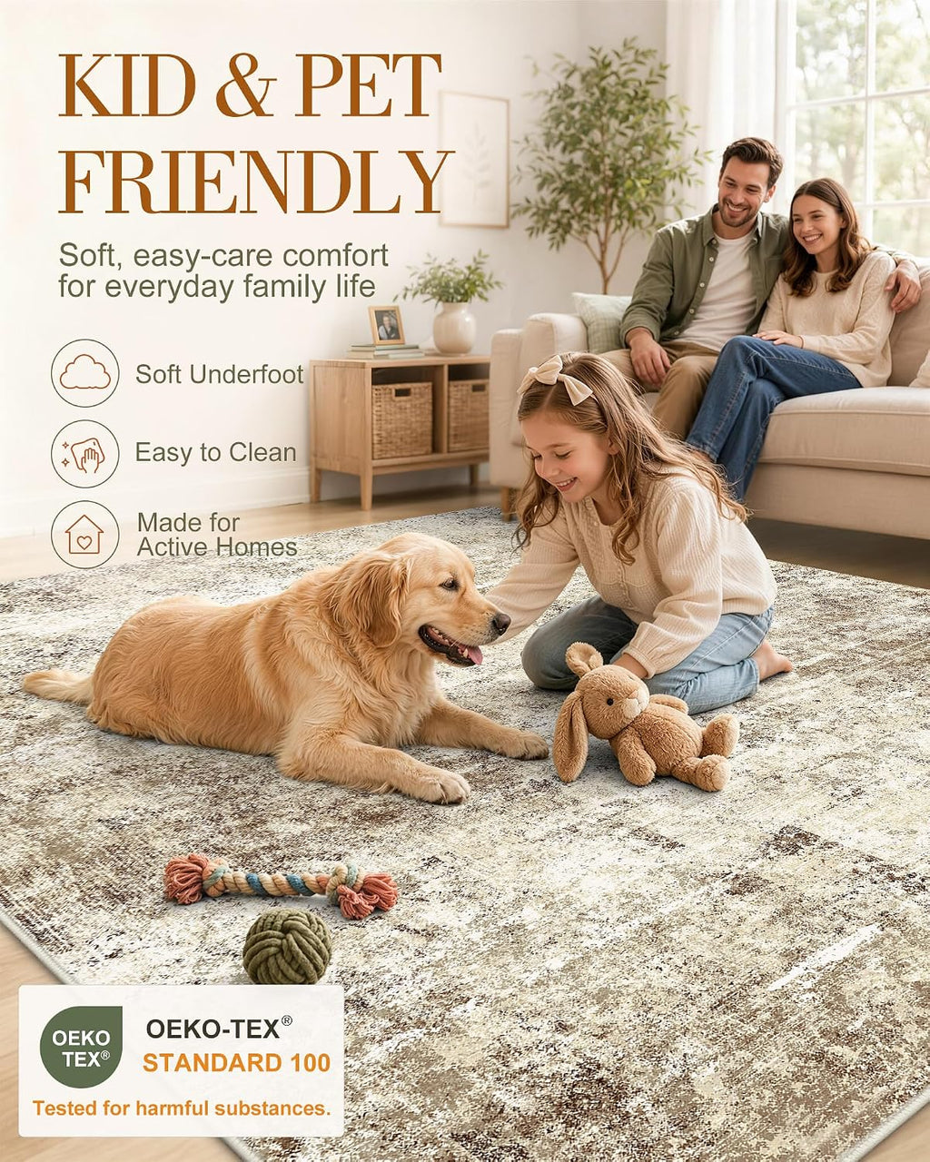 OLANLY Beige Abstract Washable Area Rug