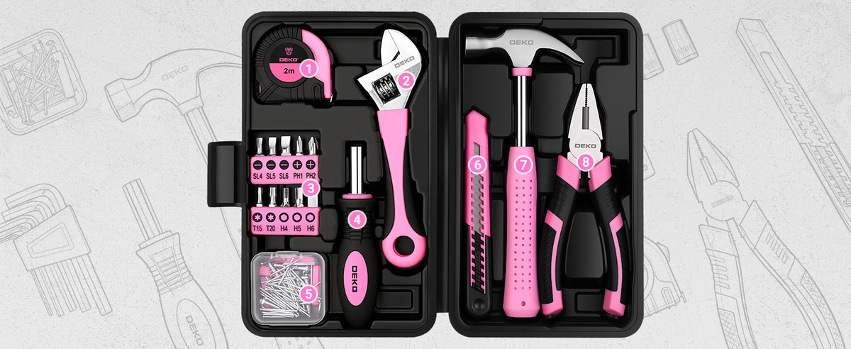 DEKOPRO DKMHTK086BMC-Pink 86-Piece Household Hand Tool Kit – Pink – product detail