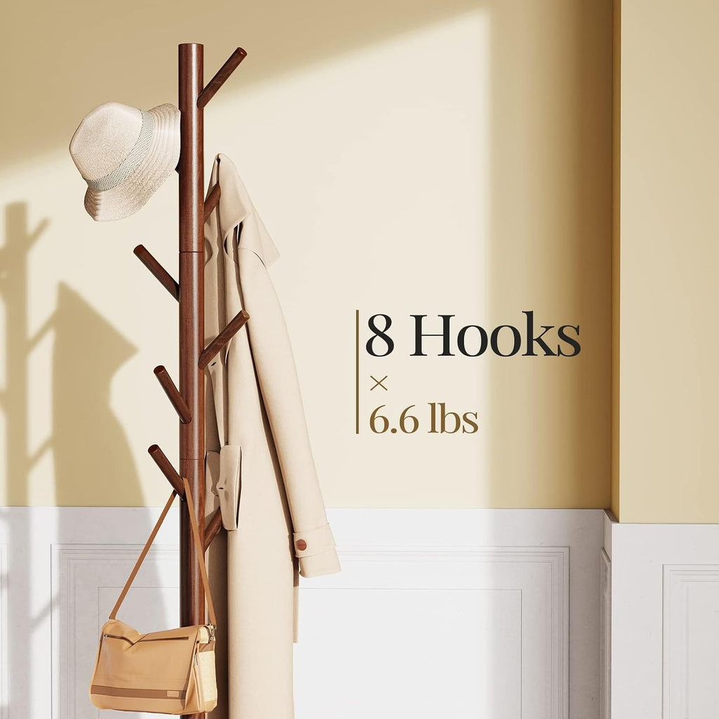 Pipishell Wooden Coat Rack with Eight Hooks, Brown