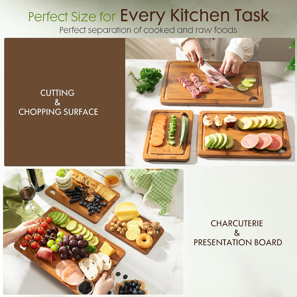 Astercook Carbonized Bamboo Cutting Boards with Stand, 3-Piece Set