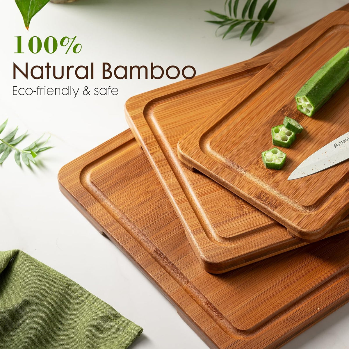 Astercook Carbonized Bamboo Cutting Boards with Stand, 3-Piece Set