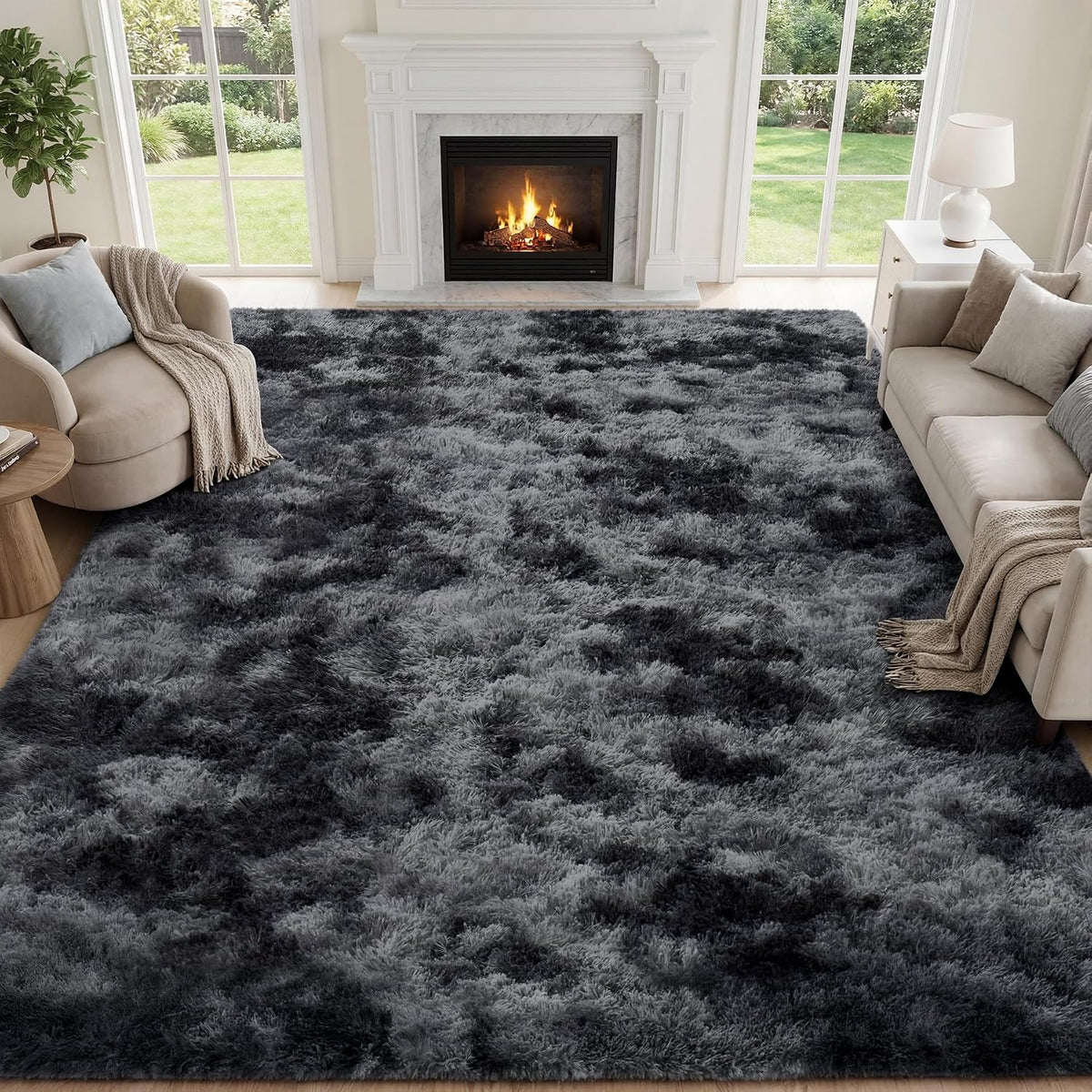 PLHXFR Shag Area Rug, Tie-Dyed Dark Grey, 8 x 10 ft