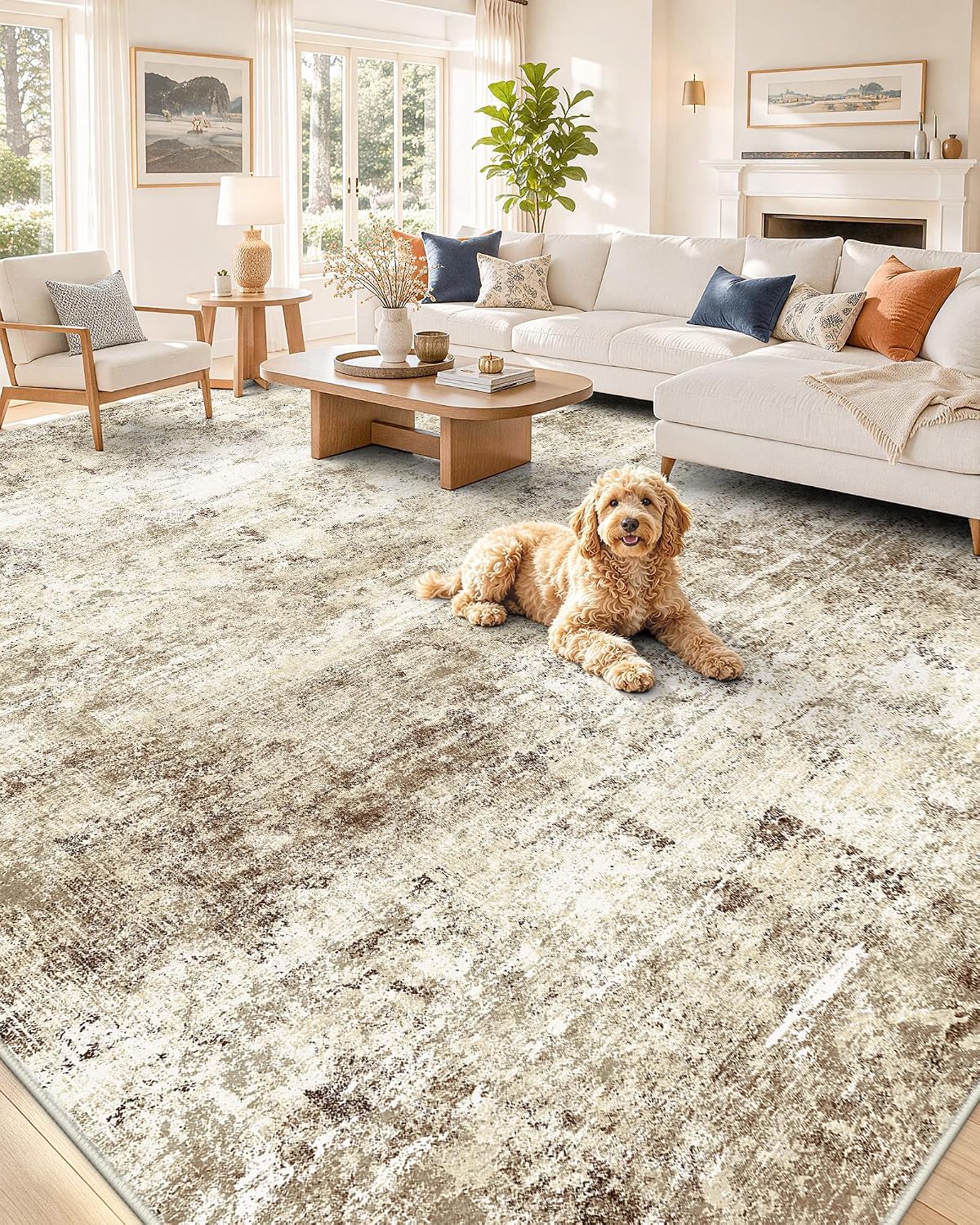 OLANLY Beige Abstract Washable Area Rug