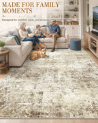 OLANLY Beige Abstract Washable Area Rug