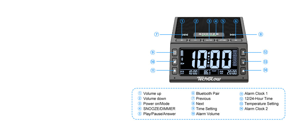 TechGlow Bluetooth Speaker Stand with Dual Alarm Clock, Black