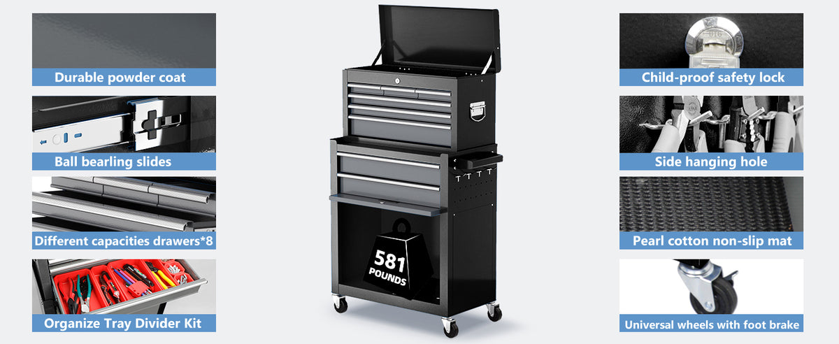 AIRAJ 327Black-tool chest 8-Drawer Rolling Tool Chest with Detachable Top – Black – product detail