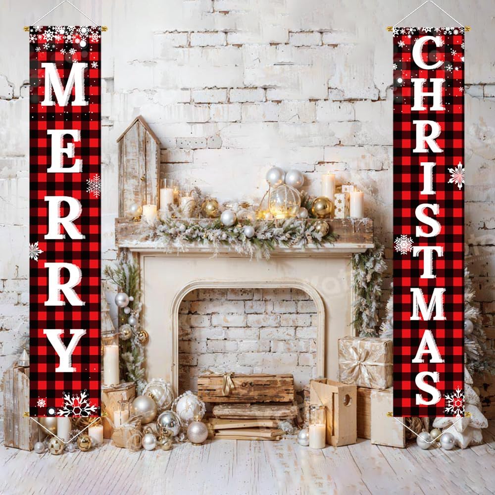 Ivenf Merry Christmas Porch Banners, Red and Black Plaid, Set of 2