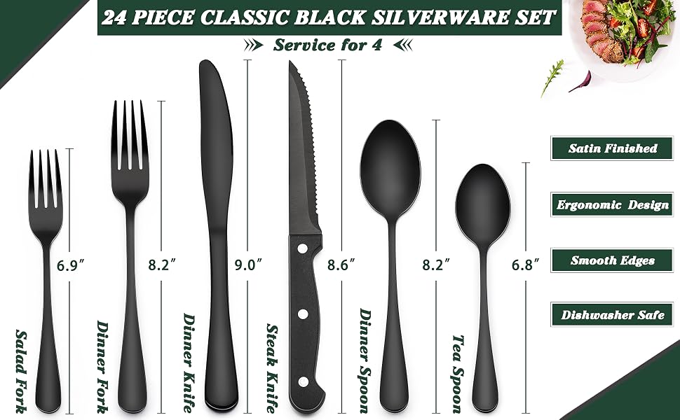 EWFEN Black Flatware with Steak Knives, 24-Piece Set