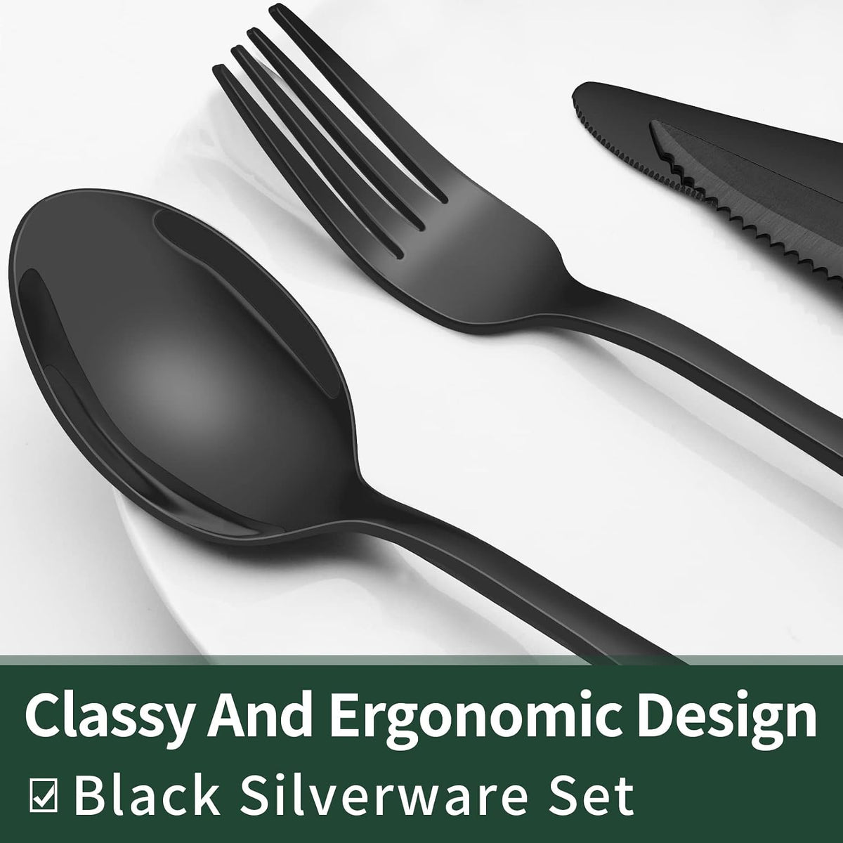EWFEN Black Flatware with Steak Knives, 24-Piece Set