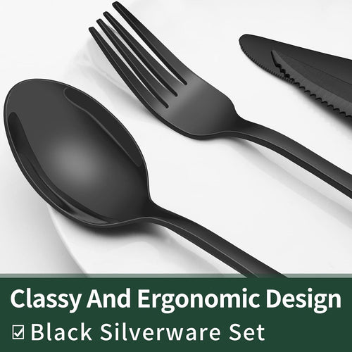 EWFEN Black Flatware with Steak Knives, 24-Piece Set