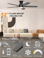 Ohniyou 52-Inch Ceiling Fan with Dimmable LED Light, Black