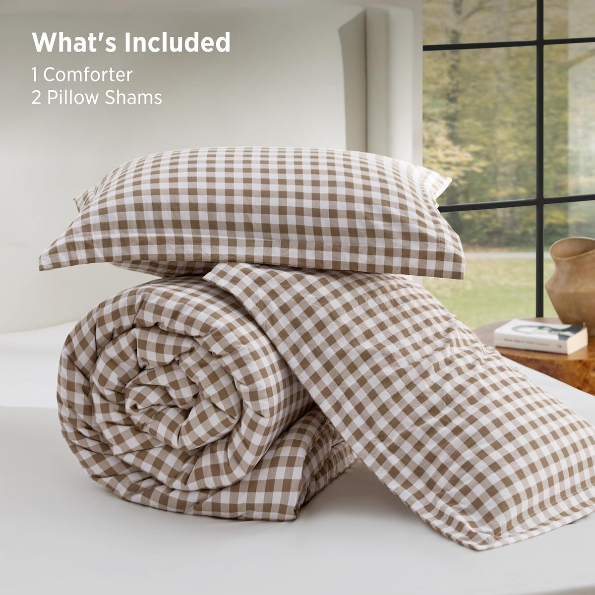 Bedsure Brown Gingham Queen Comforter Set, 3 Pieces