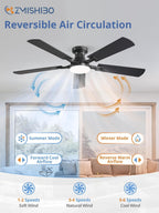 ZMISHIBO 52-Inch Flush-Mount Ceiling Fan with LED Light, Black