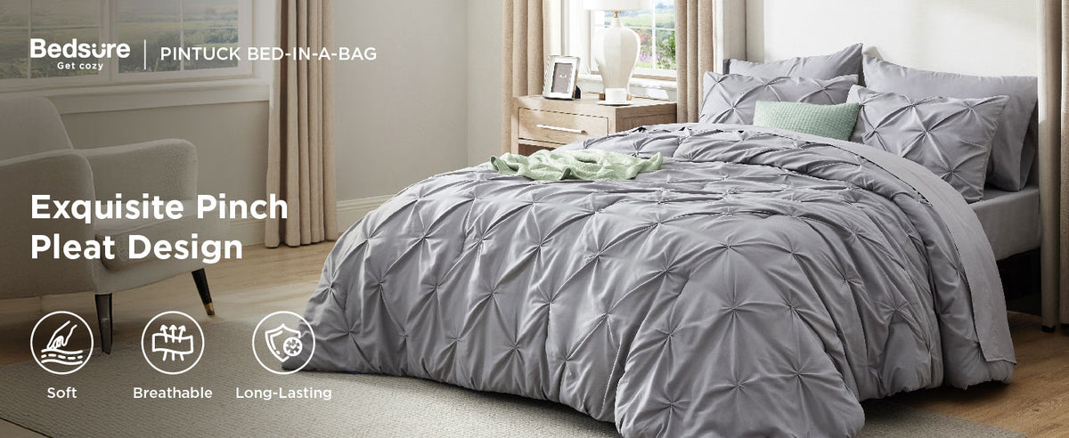 Bedsure Queen Pintuck Bedding Set, 7 Pieces, Grey