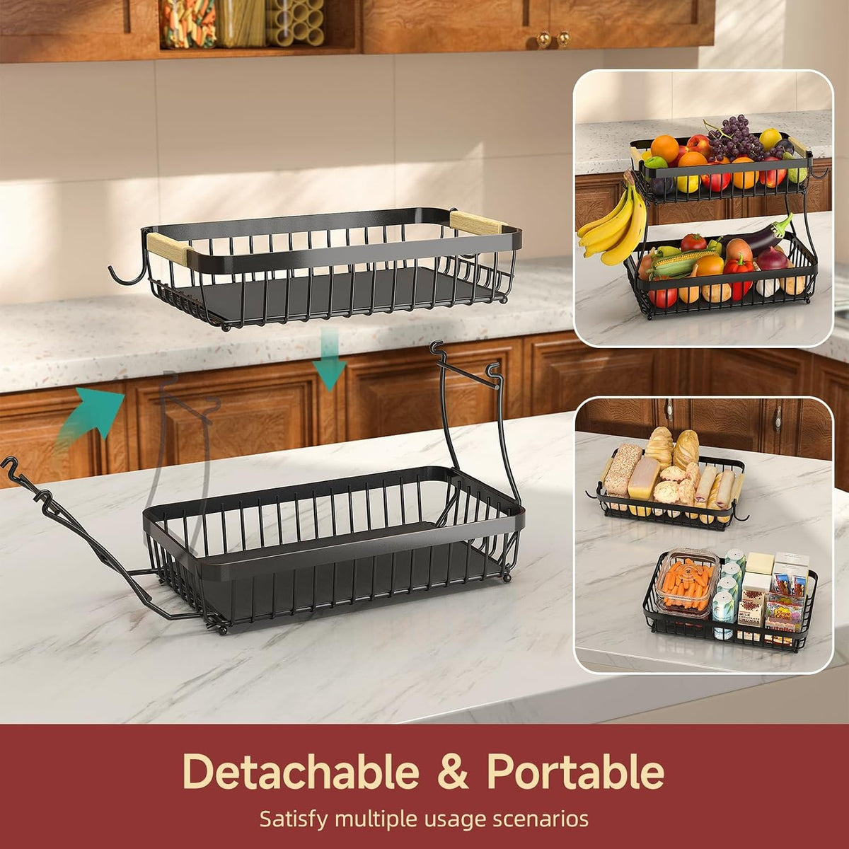Sevenblue Two-Tier Fruit Basket with Banana Hooks, Black