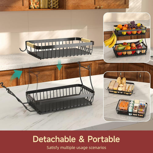 Sevenblue Two-Tier Fruit Basket with Banana Hooks, Black