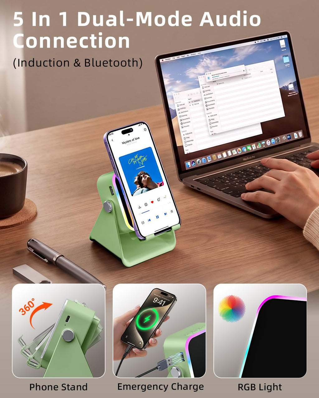 Oresoc Bluetooth and Induction Speaker Phone Stand, Green