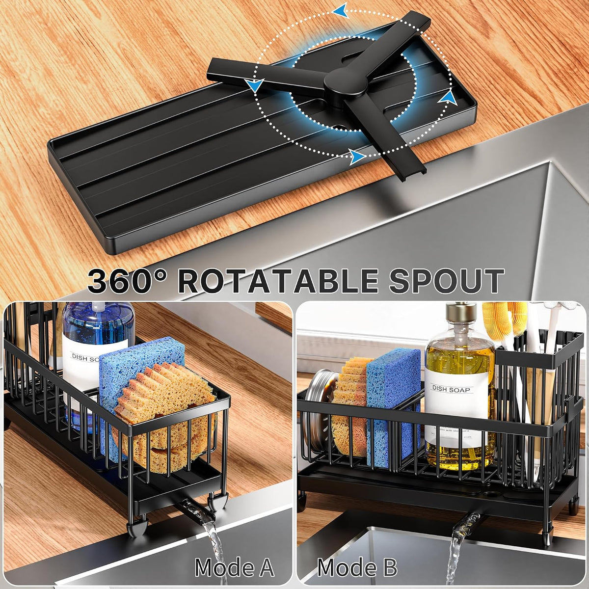 Cisily Stainless Steel Sink Caddy, Black, 9.25 in