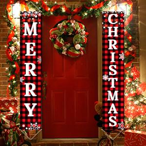 Ivenf Merry Christmas Porch Banners, Red and Black Plaid, Set of 2