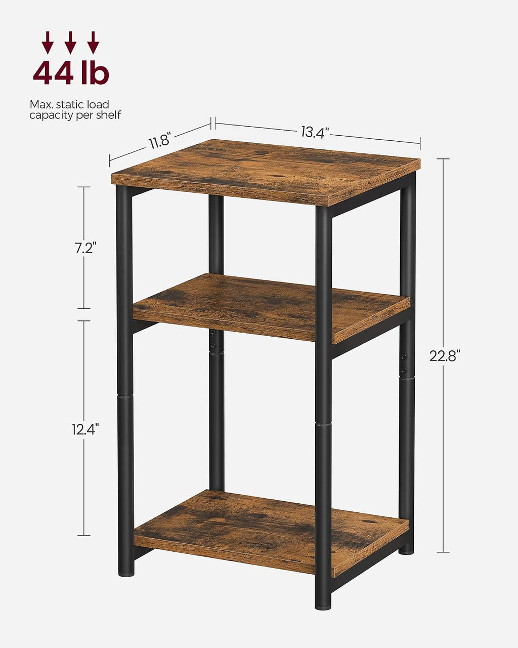 VASAGLE Three-Tier Rectangular Side Table, Rustic Brown and Ink Black