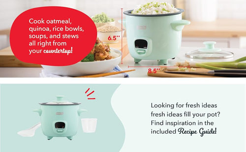 DASH Mini Ceramic Rice Cooker, Aqua, 2 Cups Cooked