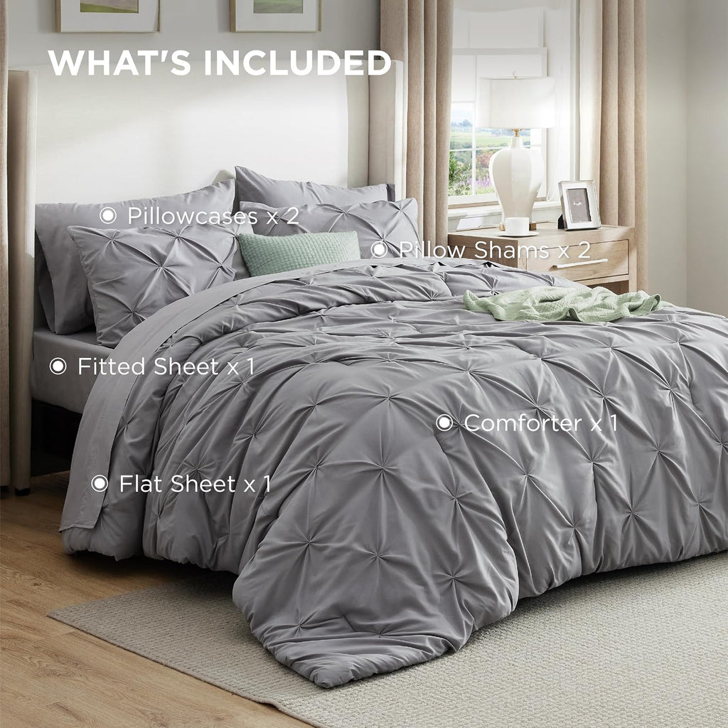 Bedsure Queen Pintuck Bedding Set, 7 Pieces, Grey