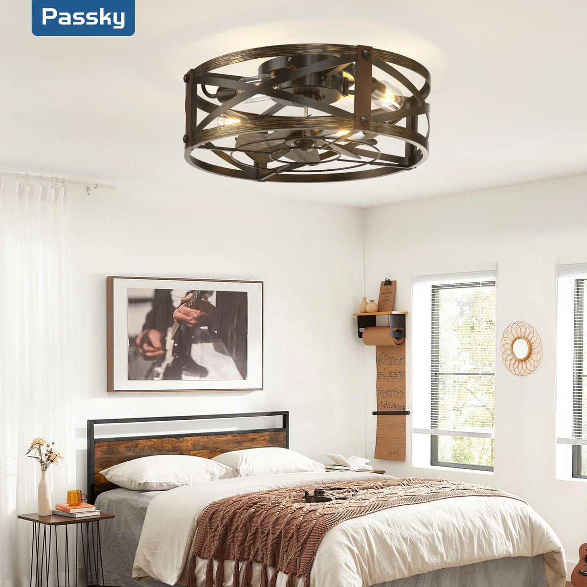 Passky 20-Inch Caged Ceiling Fan, Black Brushed Gold