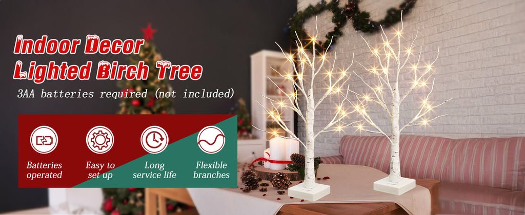 PEIDUO Lighted Birch-Style Tabletop Trees, 2 ft, Set of 2