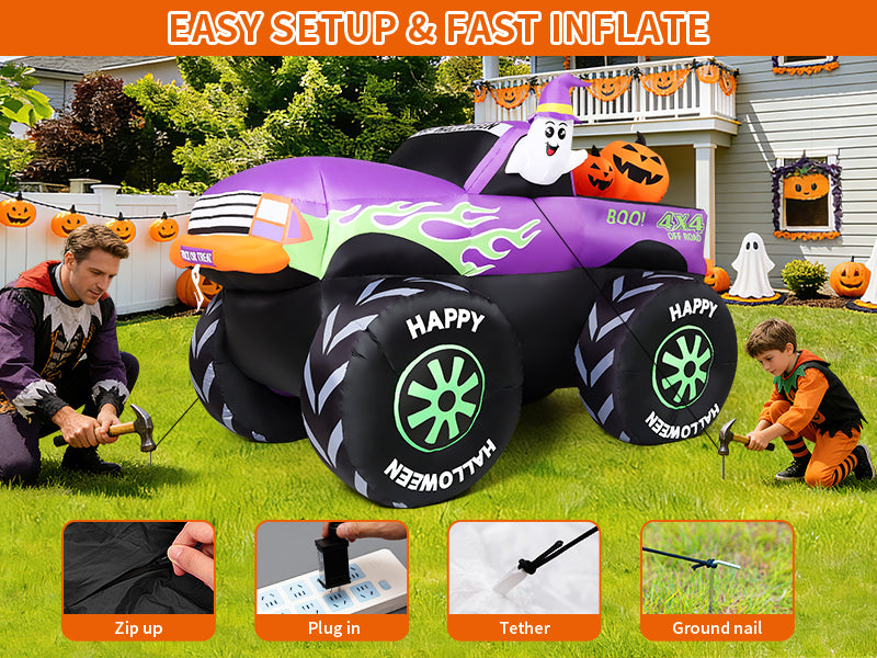 GOOSH 69469 8-Foot Halloween Monster Truck & Ghost & Pumpkin Inflatable – Purple – product detail