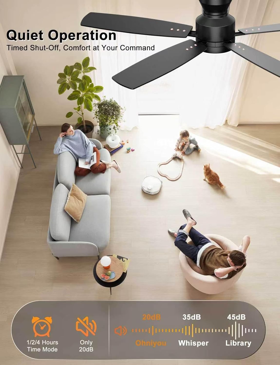 Ohniyou 52-Inch Ceiling Fan with Dimmable LED Light, Black