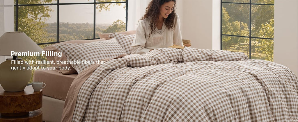 Bedsure Brown Gingham Queen Comforter Set, 3 Pieces