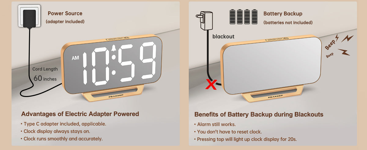 Peakeep Mirror Digital Alarm Clock, Gold