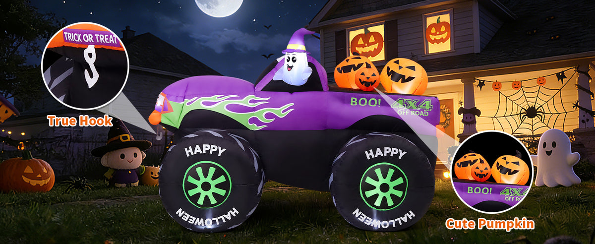 GOOSH 69469 8-Foot Halloween Monster Truck & Ghost & Pumpkin Inflatable – Purple – product detail