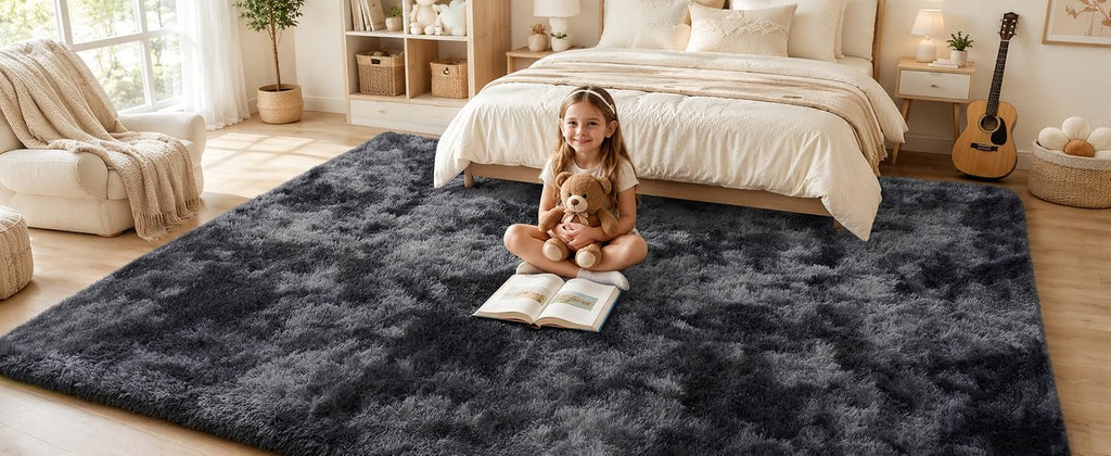 PLHXFR Shag Area Rug, Tie-Dyed Dark Grey, 8 x 10 ft