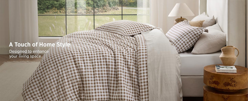 Bedsure Brown Gingham Queen Comforter Set, 3 Pieces
