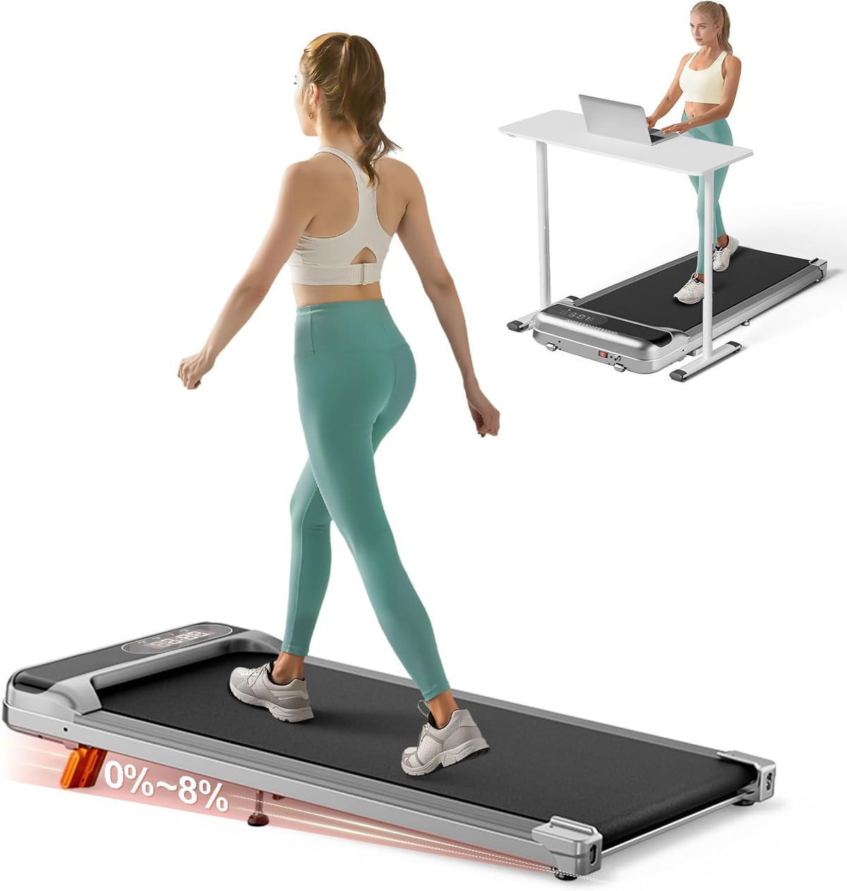 Abonow 3000W Under-Desk Walking Treadmill, 8% Manual Incline