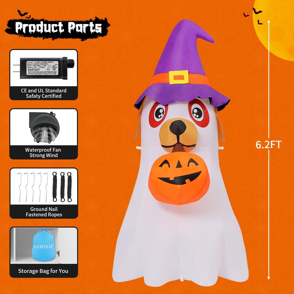 GOOSH 69431 6.2-Foot Halloween Dog & Ghost & Pumpkin Inflatable – White – product detail