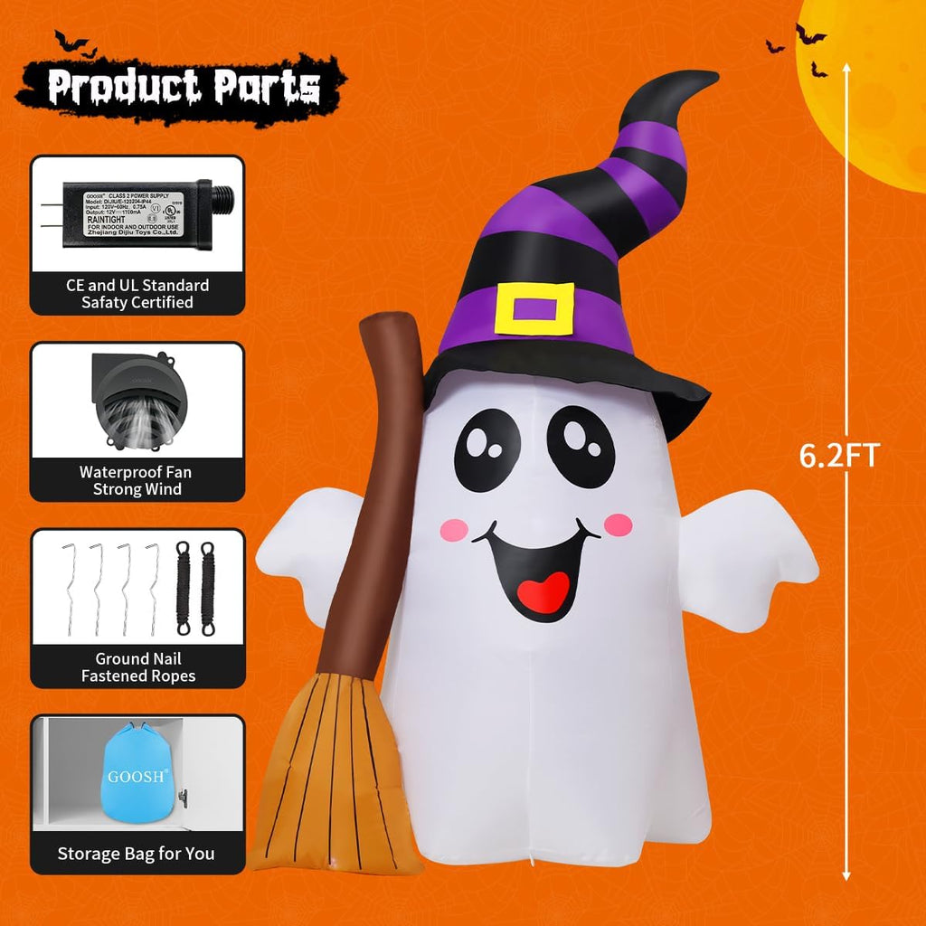 GOOSH 69483 6.2-Foot Halloween Ghost with Broom Inflatable – White and Black – product detail