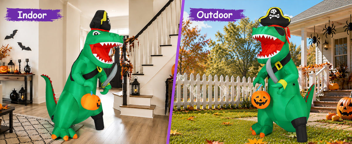 GOOSH 7-Foot Halloween Pirate Dinosaur & Pumpkin Inflatable – Green – product detail