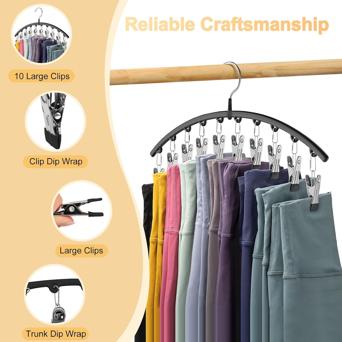 Volnamal Ten-Clip Pants Hangers, Black, 2-Pack