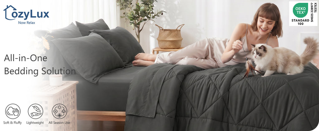CozyLux Queen Comforter and Sheet Set, 7 Pieces, Dark Grey