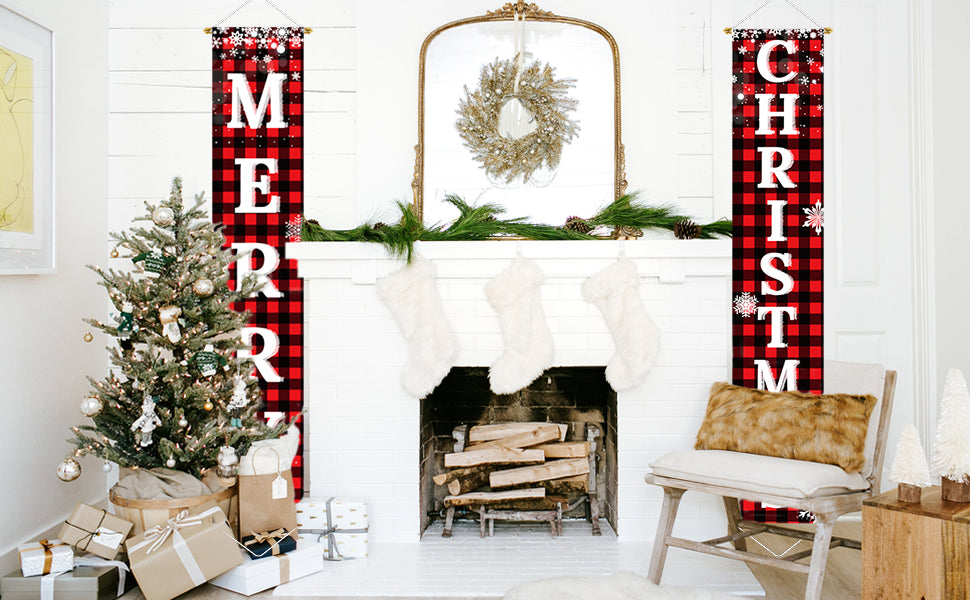 Ivenf Merry Christmas Porch Banners, Red and Black Plaid, Set of 2