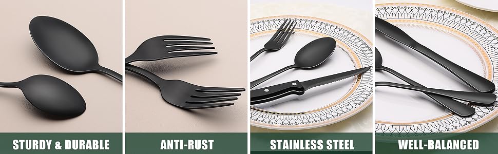 EWFEN Black Flatware with Steak Knives, 24-Piece Set