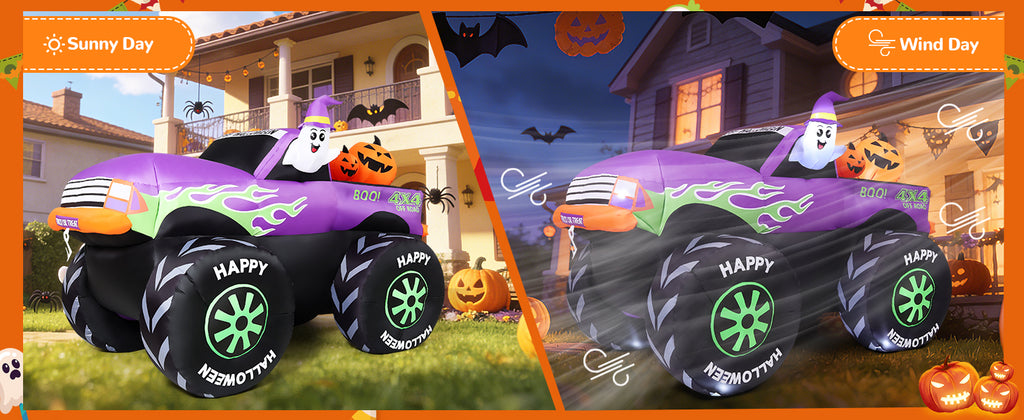 GOOSH 69469 8-Foot Halloween Monster Truck & Ghost & Pumpkin Inflatable – Purple – product detail