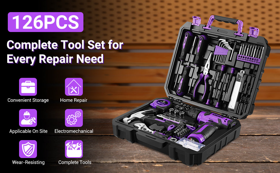 DEKOPRO 126-Piece Cordless Drill and Hand Tool Set – Purple – product detail