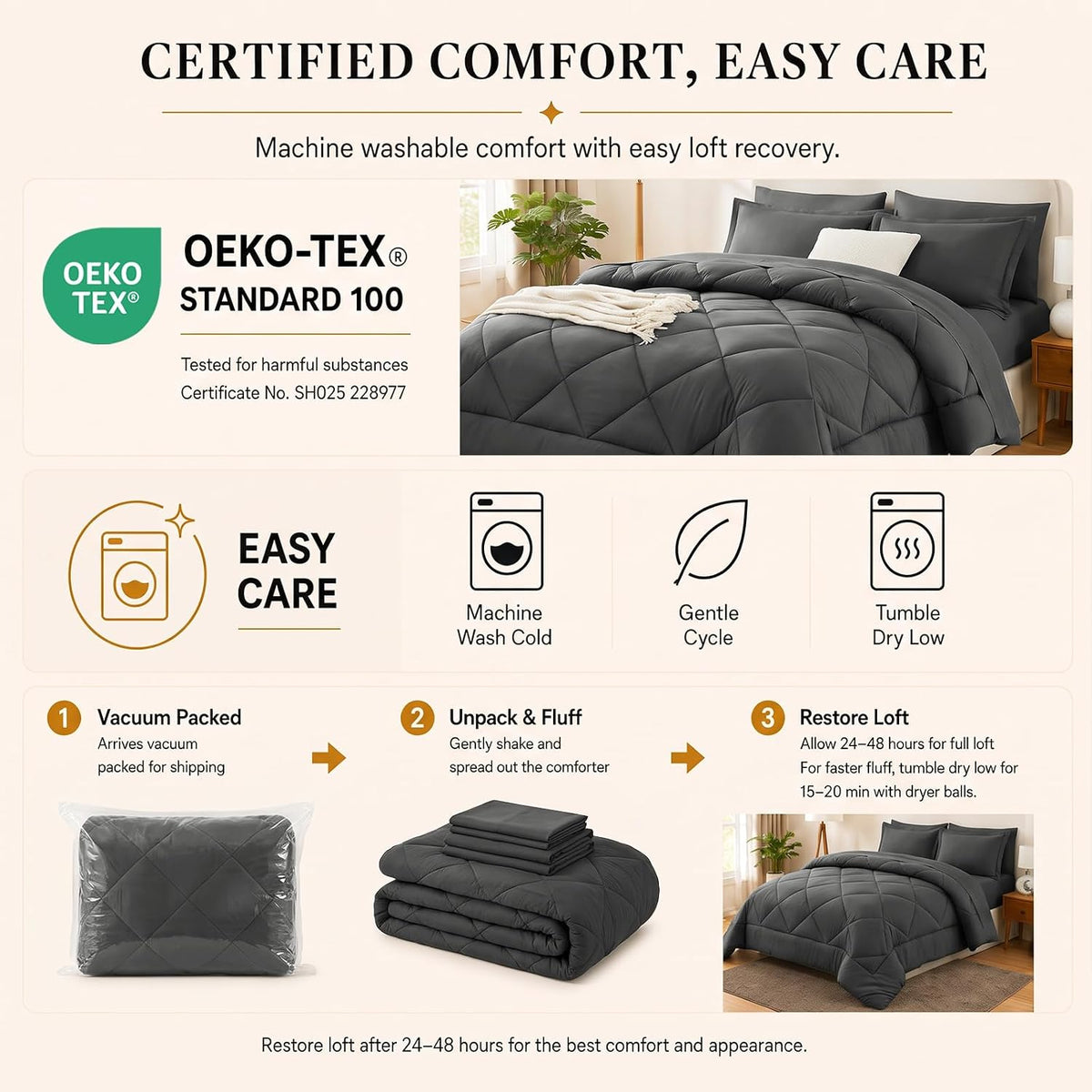 CozyLux Queen Comforter and Sheet Set, 7 Pieces, Dark Grey