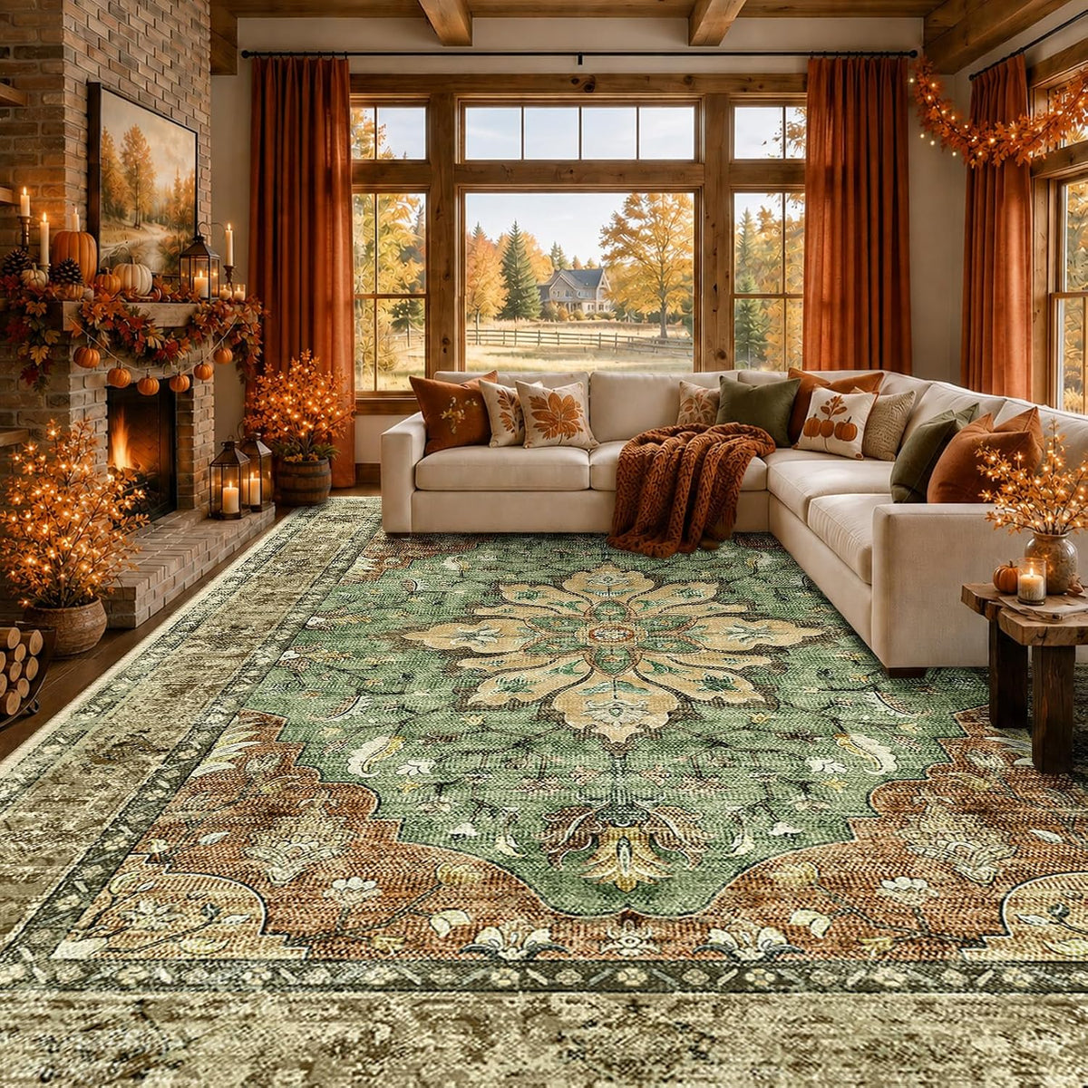 RELEANY Vintage Floral Area Rug, Brick/Brown/Green, 8 x 10 ft